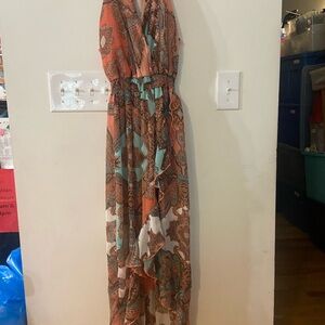 Sweet Storm Sleeveless V-Neck Maxi Dress in Rust, Teal & Cream M